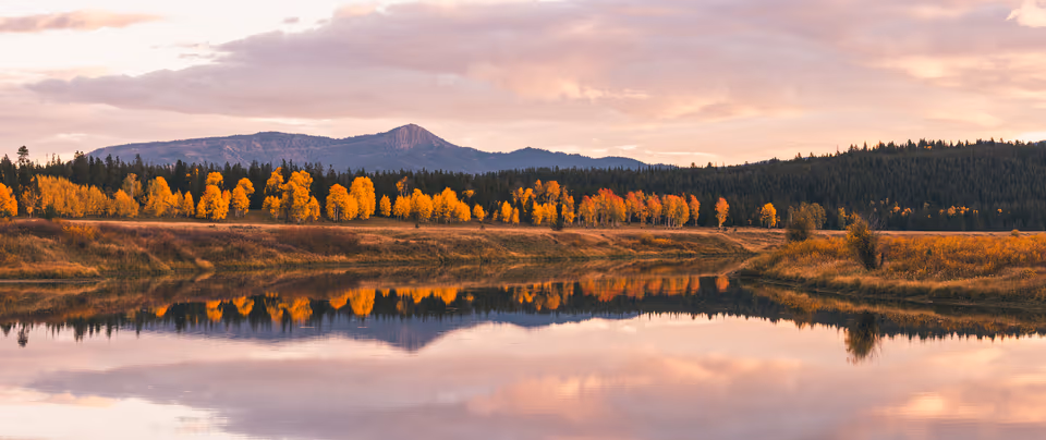 Golden autumn trees and a dark mountain reflected in calm water at dusk