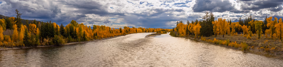 Snake River flowing between golden autumn trees beneath layered clouds
