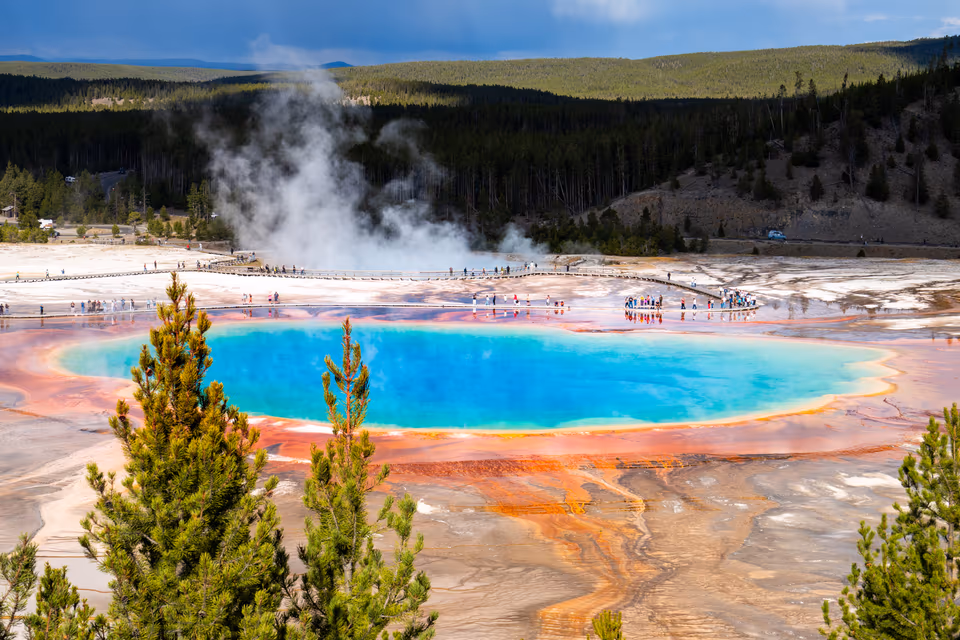The vivid turquoise and orange Grand Prismatic Spring steaming beneath a forested ridge