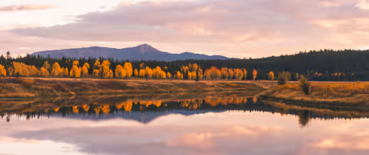 Golden autumn trees and a dark mountain reflected in calm water at dusk