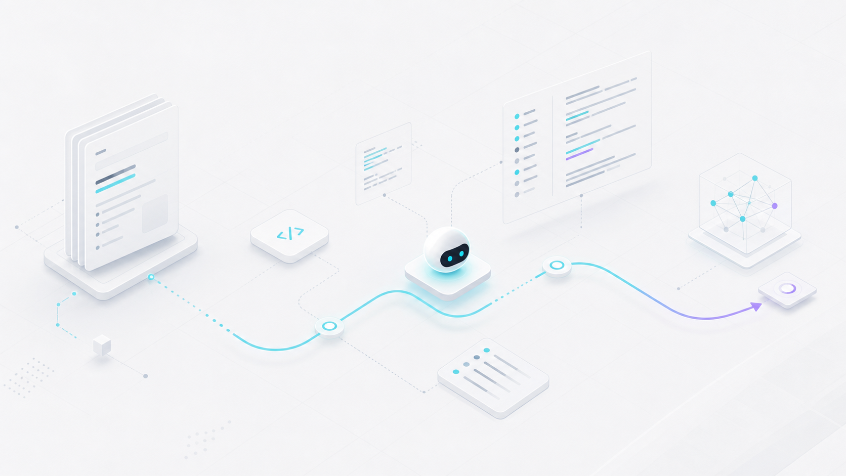 Abstract diagram of an AI agent moving through API documentation and integration paths.