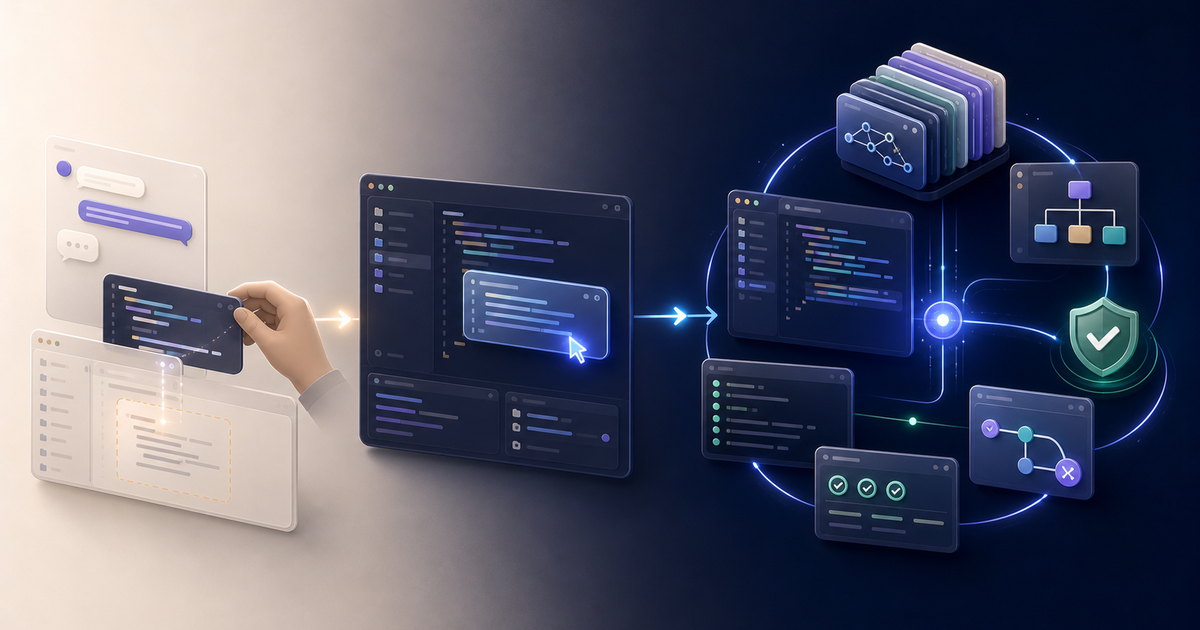 Three-stage abstract illustration showing AI coding evolve from copy-paste snippets to editor copilots to agentic engineering workspaces.