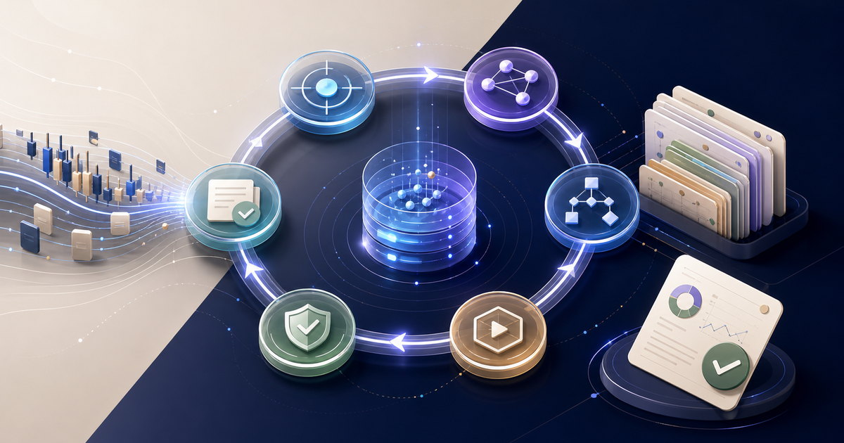 Abstract illustration of an AI agent feedback loop with verification gates, financial data cards, and a reviewed report.