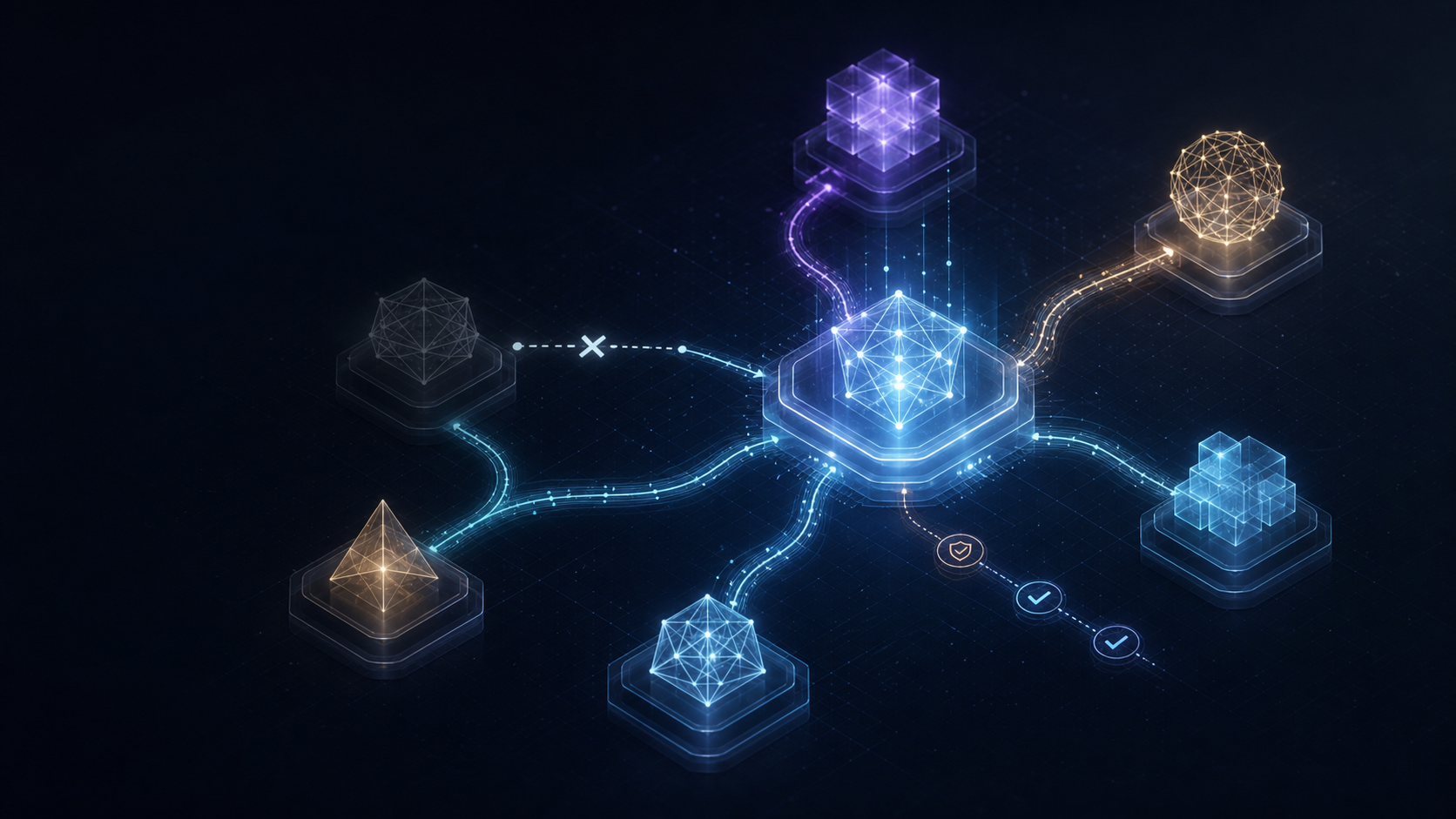 An AI control plane routes work between several model nodes while safely bypassing one unavailable node.